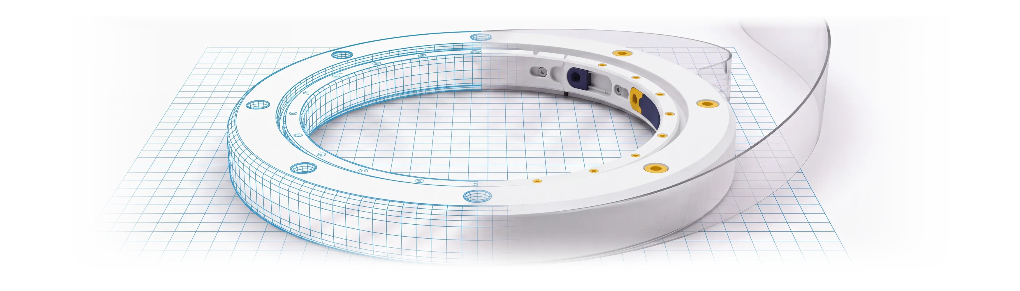 Circular mechanical component transitioning from cyan CAD geometry into a finished white 3D-printed part.